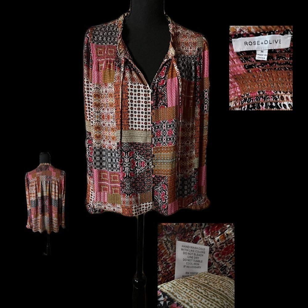 Rose & Olive Multi-Color Boho Paisley Patchwork Print Button Down Top Size M